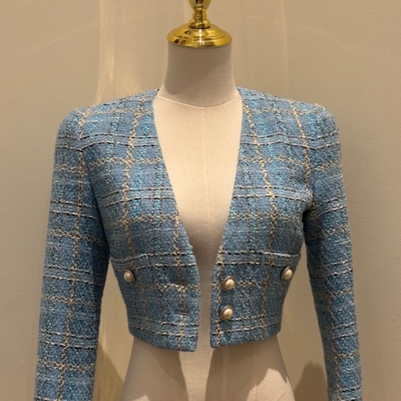 ALESSANDRA RICH light blue Checked Tweed Cropped Jacket size 0 *LIKE NEW - Picture 4 of 16